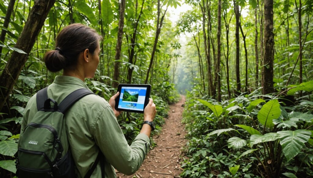Voyageuse utilisant une tablette pour explorer un itinéraire durable au cœur d’une forêt.